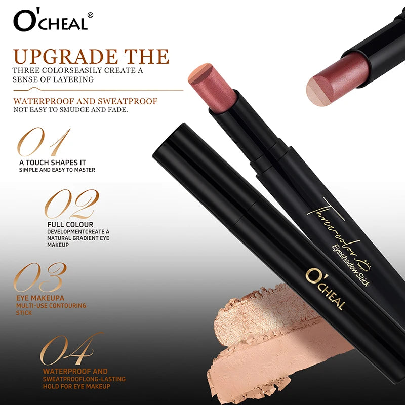 O'CHEAL Three Color Eye Shadow Stick Gradient Delicate Waterproof Long-Lasting Eye  Shadow Pen Beauty Shiny Glitter Eye Shadow