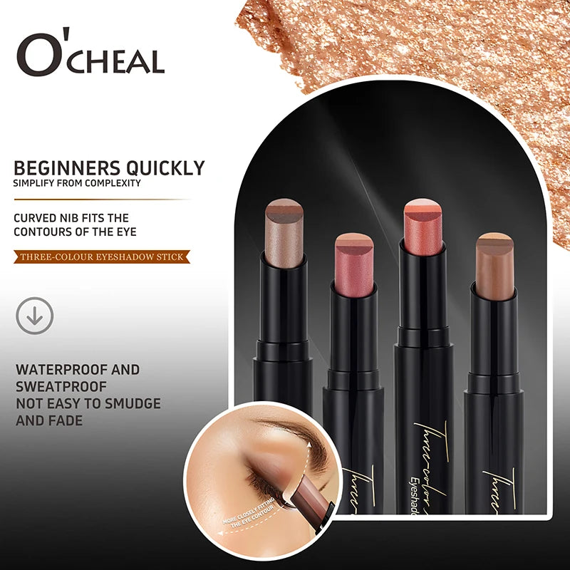 O'CHEAL Three Color Eye Shadow Stick Gradient Delicate Waterproof Long-Lasting Eye  Shadow Pen Beauty Shiny Glitter Eye Shadow
