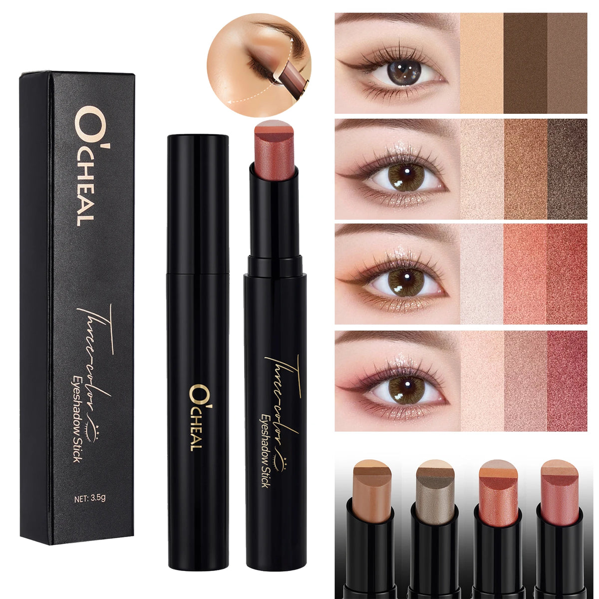 O'CHEAL Three Color Eye Shadow Stick Gradient Delicate Waterproof Long-Lasting Eye  Shadow Pen Beauty Shiny Glitter Eye Shadow